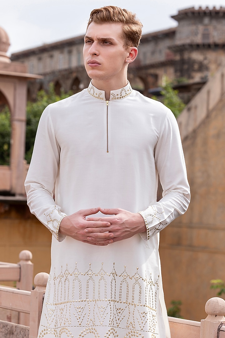 Ivory Moonga Silk Metal Work Kurta Set by AMIT ARORA at Pernia's Pop Up Shop