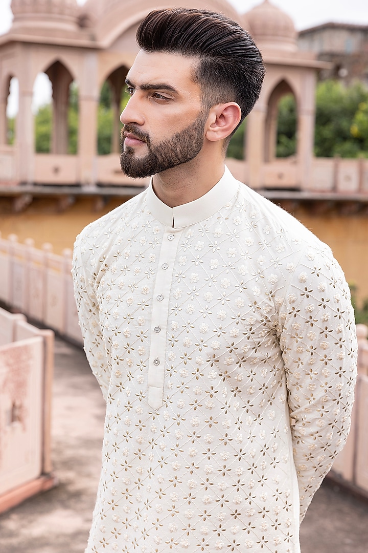 Cream Moonga Silk Metal Work Kurta Set by AMIT ARORA at Pernia's Pop Up Shop