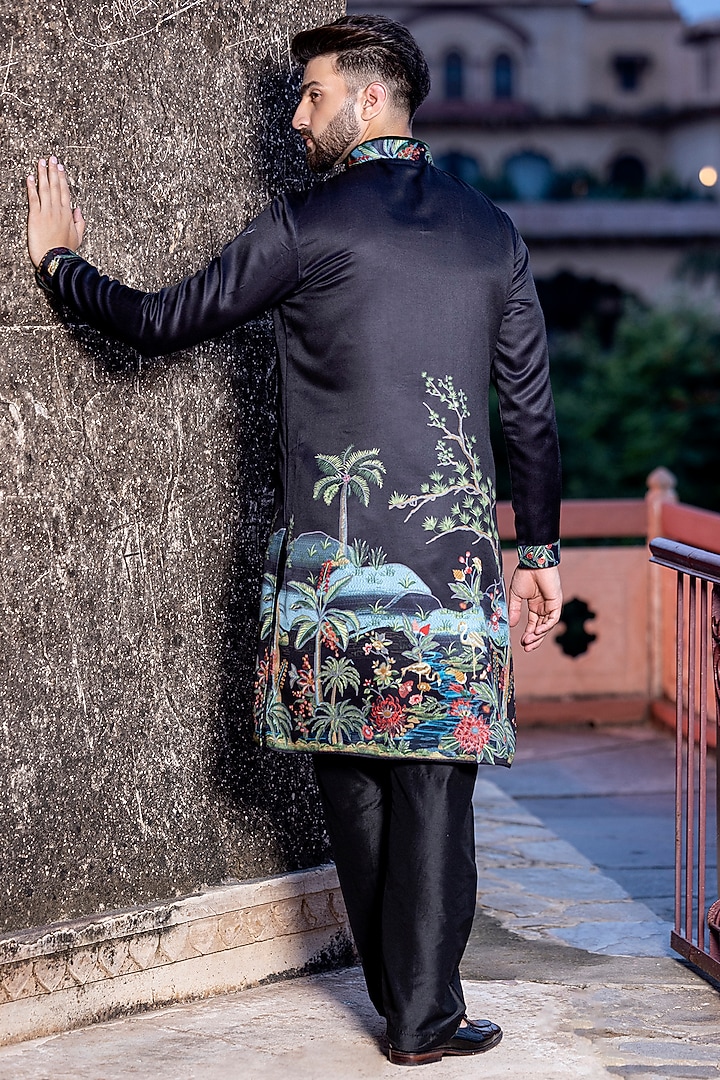 Black Satin Digital Printed Kurta Set by AMIT ARORA at Pernia's Pop Up Shop