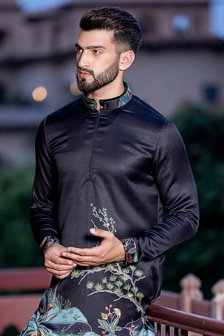 Black Satin Digital Printed Kurta Set by AMIT ARORA at Pernia's Pop Up Shop