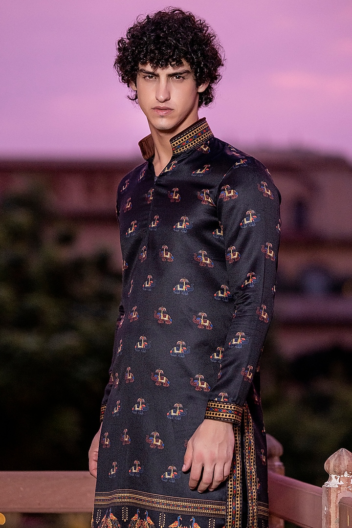 Black Satin Digital Printed Kurta Set by AMIT ARORA at Pernia's Pop Up Shop