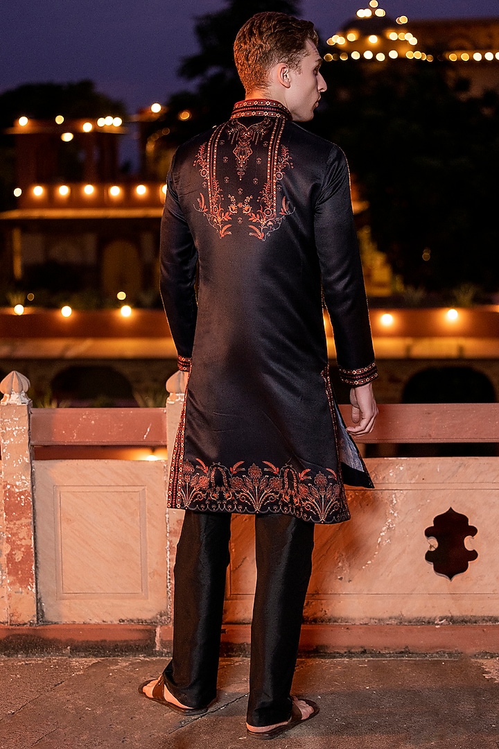 Black Satin Digital Printed Kurta Set by AMIT ARORA at Pernia's Pop Up Shop