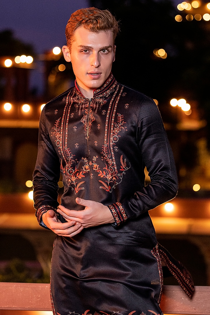 Black Satin Digital Printed Kurta Set by AMIT ARORA at Pernia's Pop Up Shop