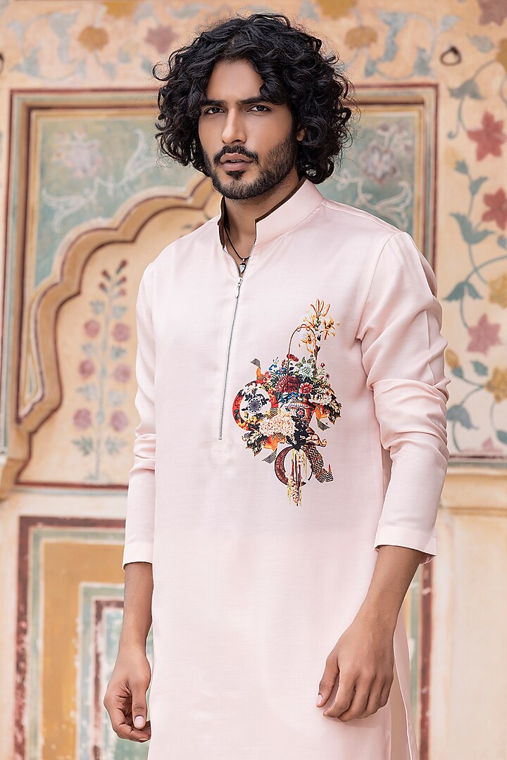 Peach Satin Digital Printed Kurta Set by AMIT ARORA at Pernia's Pop Up Shop