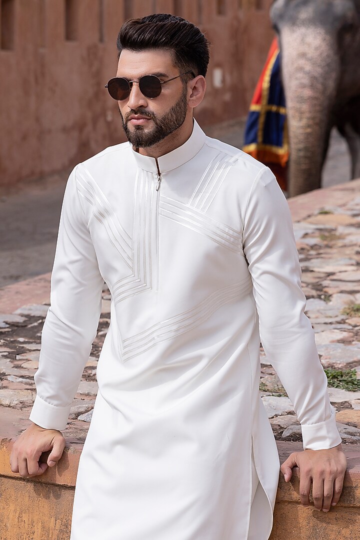 White Knit Tape Work Kurta Set by AMIT ARORA at Pernia's Pop Up Shop