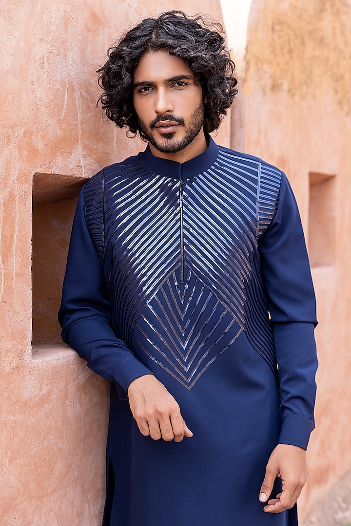 Navy Blue Knit Tapework Kurta Set by AMIT ARORA at Pernia's Pop Up Shop