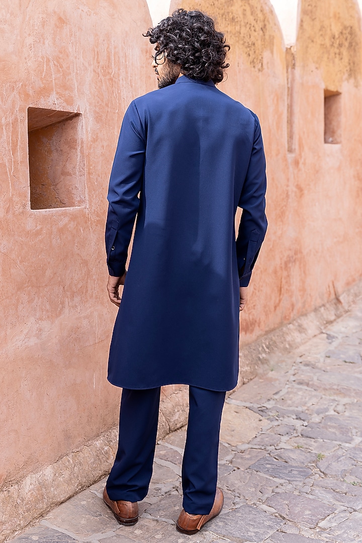 Navy Blue Knit Tapework Kurta Set by AMIT ARORA at Pernia's Pop Up Shop