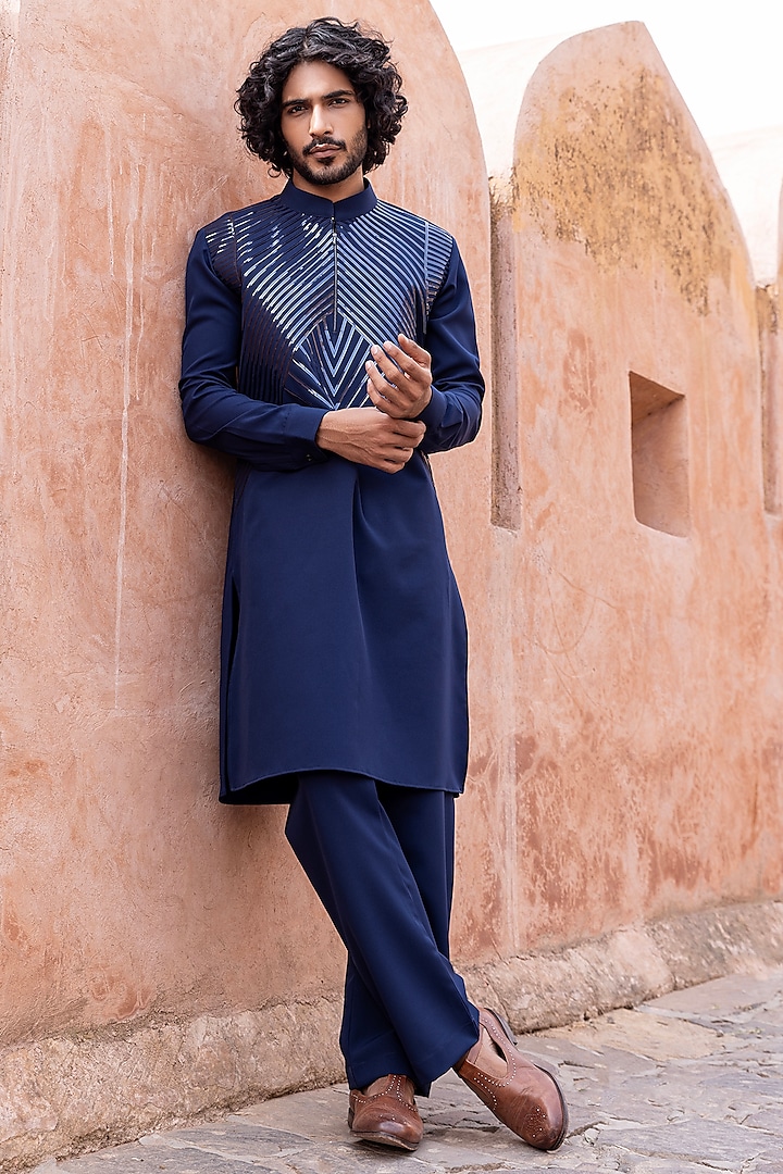 Navy Blue Knit Tapework Kurta Set by AMIT ARORA