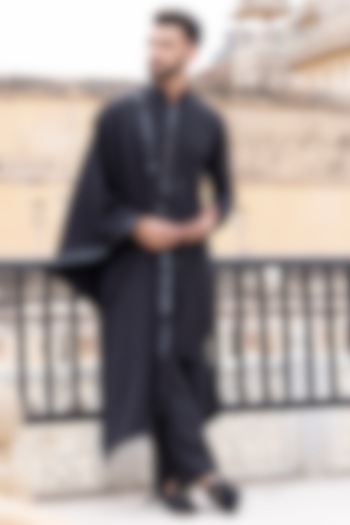 Black Knit Tapework Kurta Set by AMIT ARORA at Pernia's Pop Up Shop