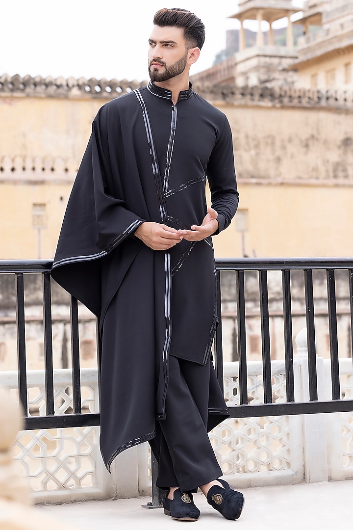 Black Knit Tapework Kurta Set by AMIT ARORA at Pernia's Pop Up Shop