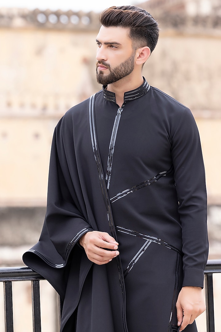 Black Knit Tapework Kurta Set by AMIT ARORA at Pernia's Pop Up Shop