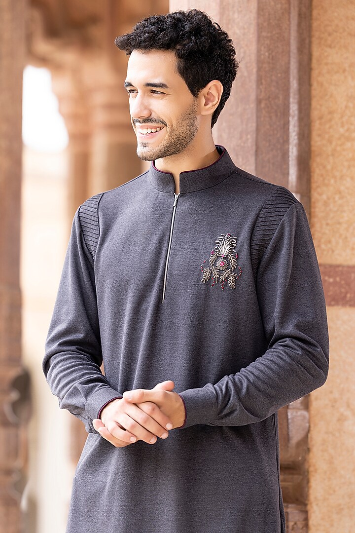 Grey Lycra Knit Hand Embroidered Kurta by AMIT ARORA at Pernia's Pop Up Shop
