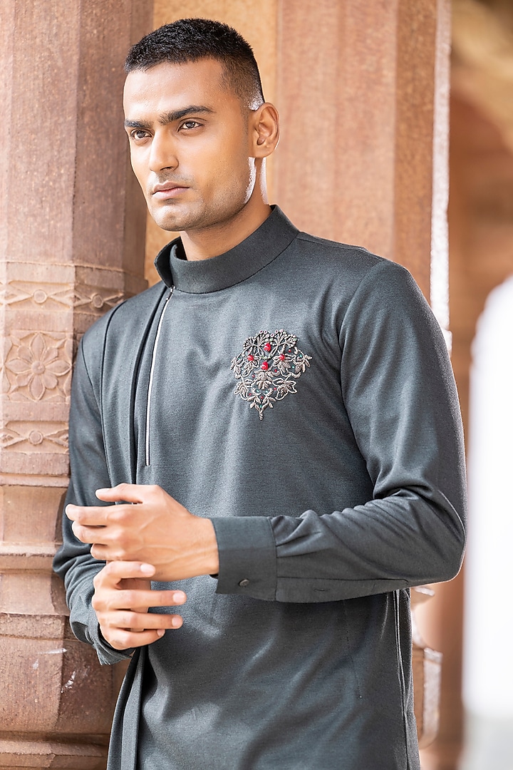 Olive Lycra Knit Motif Embroidered Kurta by AMIT ARORA at Pernia's Pop Up Shop
