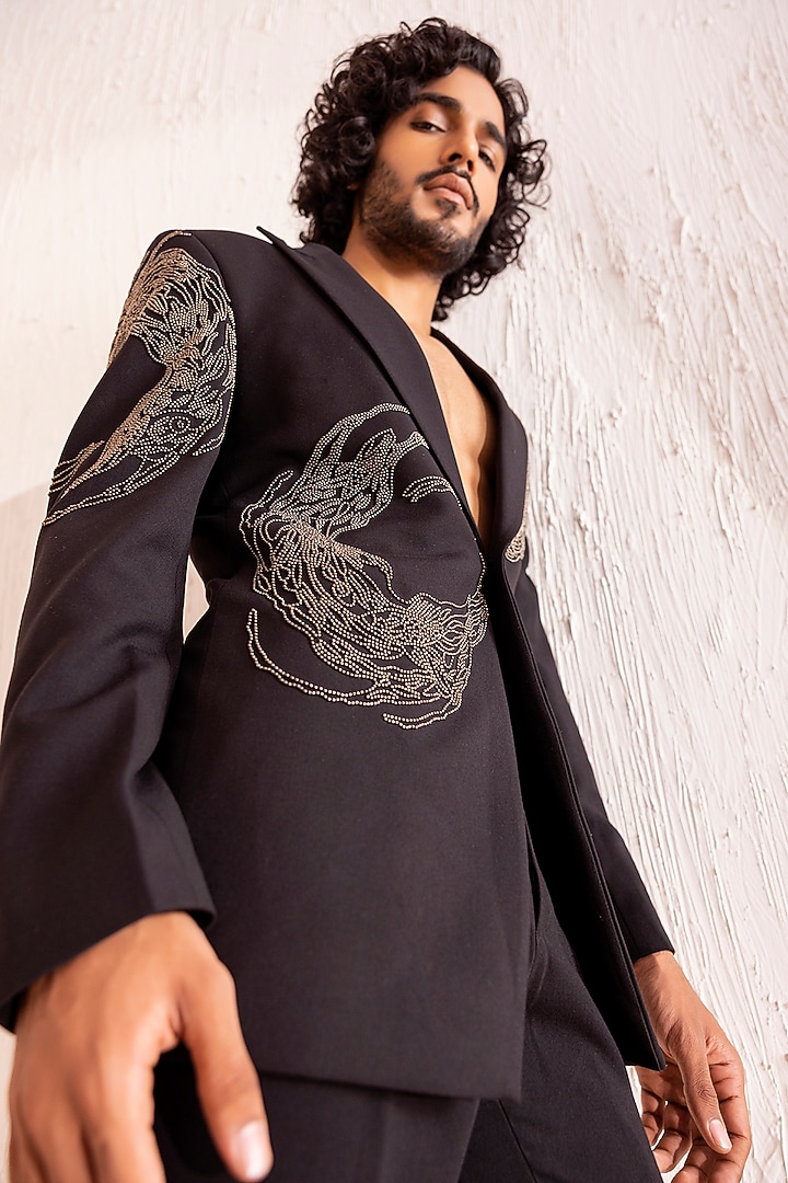 Black Knit Hand Embroidered Blazer Set by AMIT ARORA at Pernia's Pop Up Shop