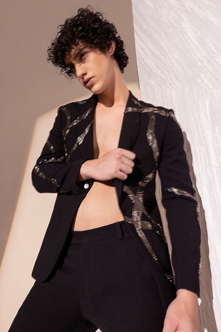 Black Knit Hand Embroidered Blazer Set by AMIT ARORA at Pernia's Pop Up Shop