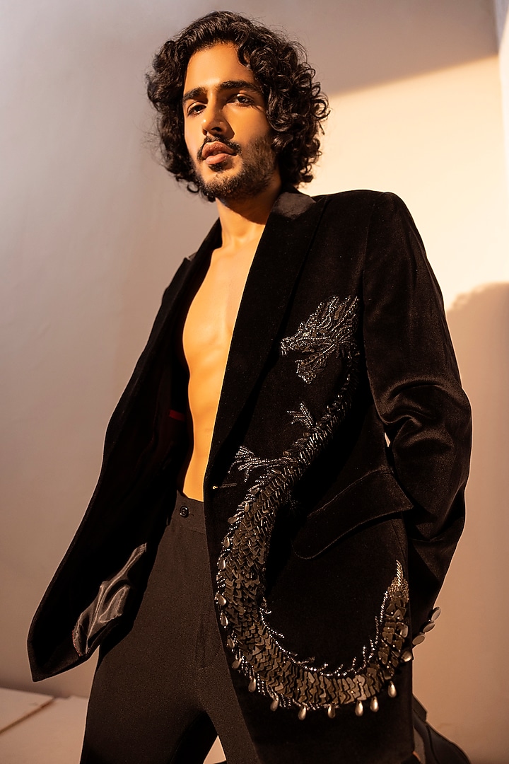 Black Cotton Velvet Embellished Blazer Set by AMIT ARORA at Pernia's Pop Up Shop