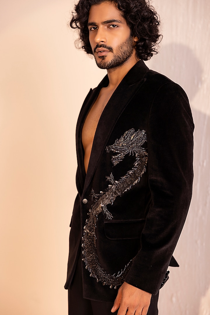 Black Cotton Velvet Embellished Blazer Set by AMIT ARORA at Pernia's Pop Up Shop