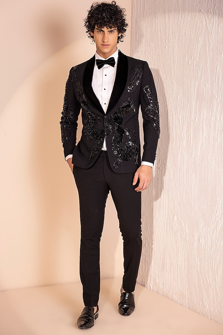 Black Knit Hand EMbroidered Tuxedo Set by AMIT ARORA