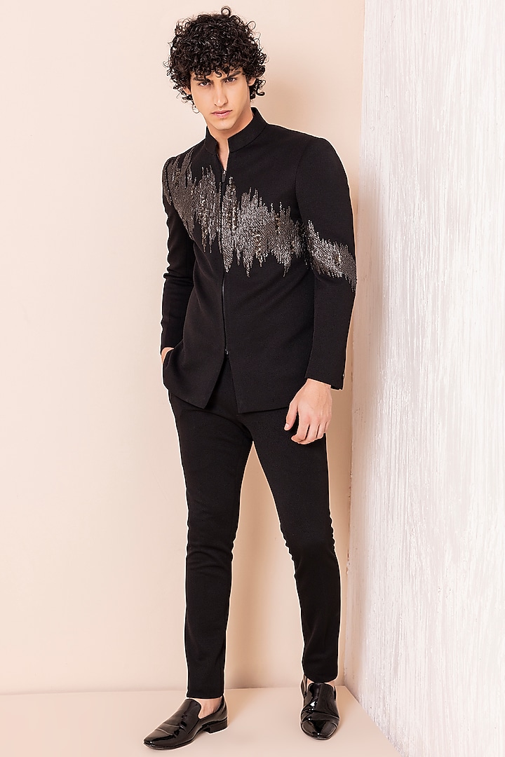 Black Textured Knit Hand Embroidered Jodhpuri Set by AMIT ARORA