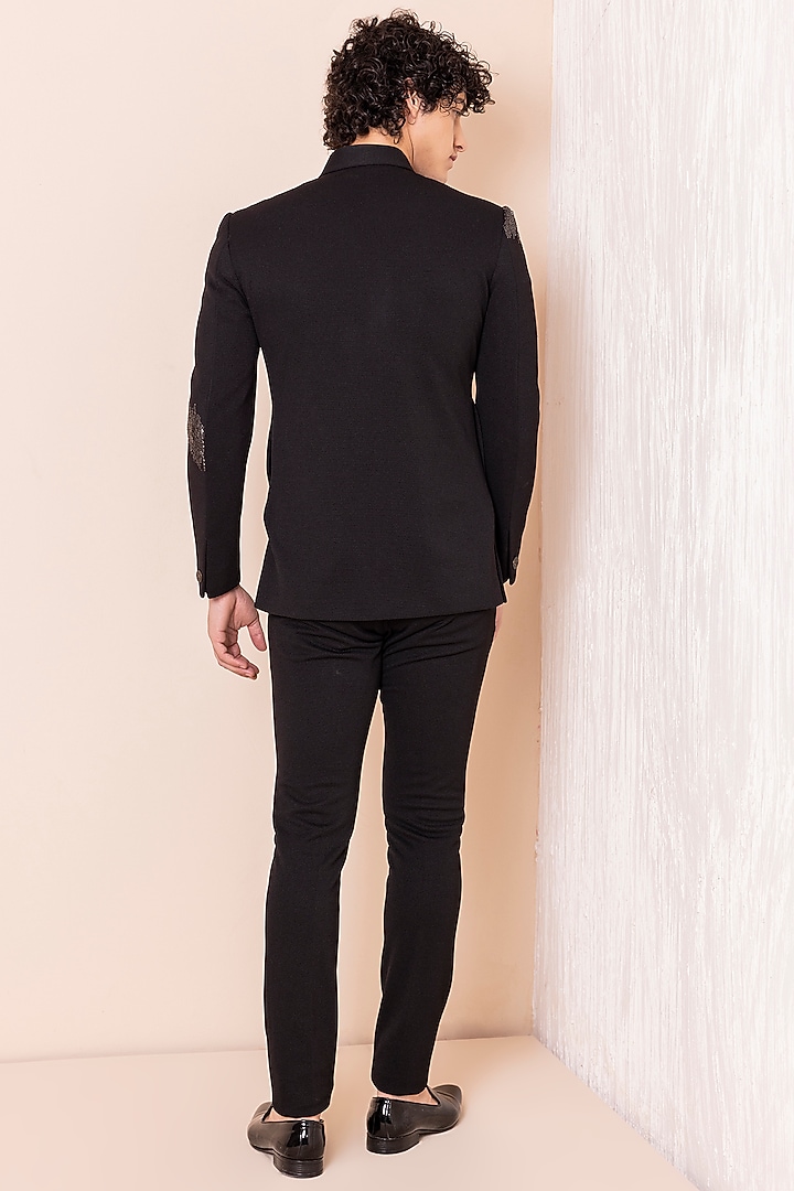 Black Textured Knit Hand Embroidered Jodhpuri Set by AMIT ARORA at Pernia's Pop Up Shop