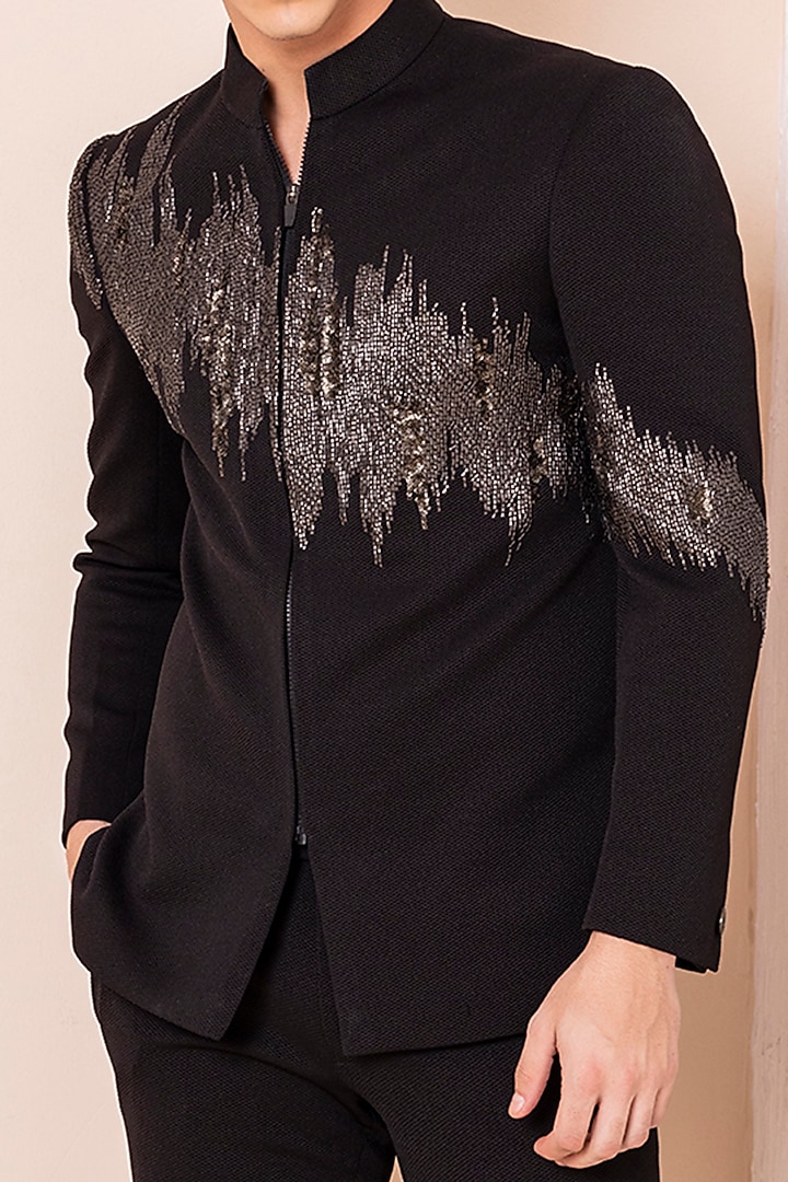 Black Textured Knit Hand Embroidered Jodhpuri Set by AMIT ARORA at Pernia's Pop Up Shop