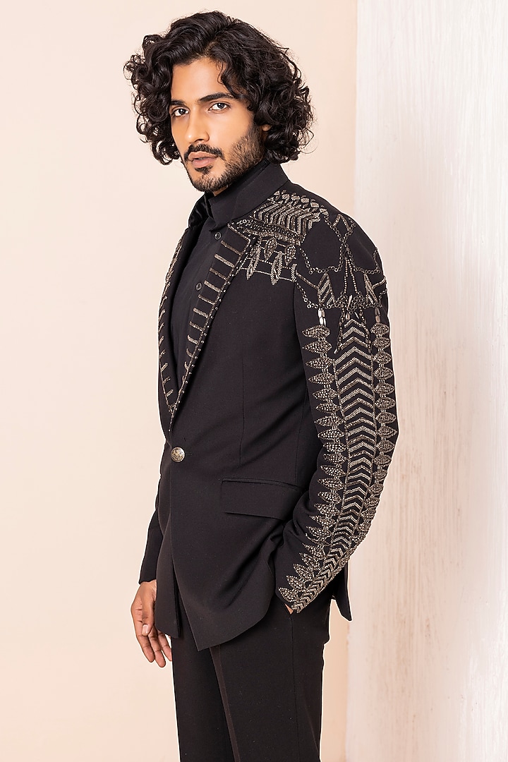Black Knit Hand Embroidered Blazer Set by AMIT ARORA at Pernia's Pop Up Shop