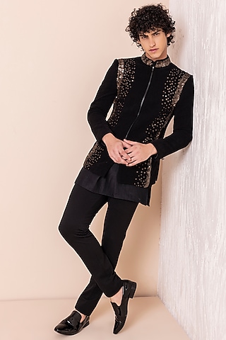 Black Knit Cord Jodhpuri Set by AMIT ARORA