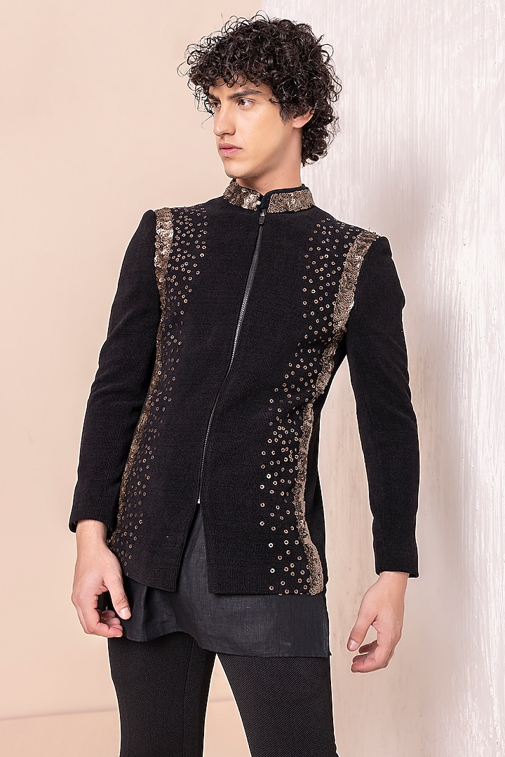 Black Knit Cord Jodhpuri Set by AMIT ARORA at Pernia's Pop Up Shop