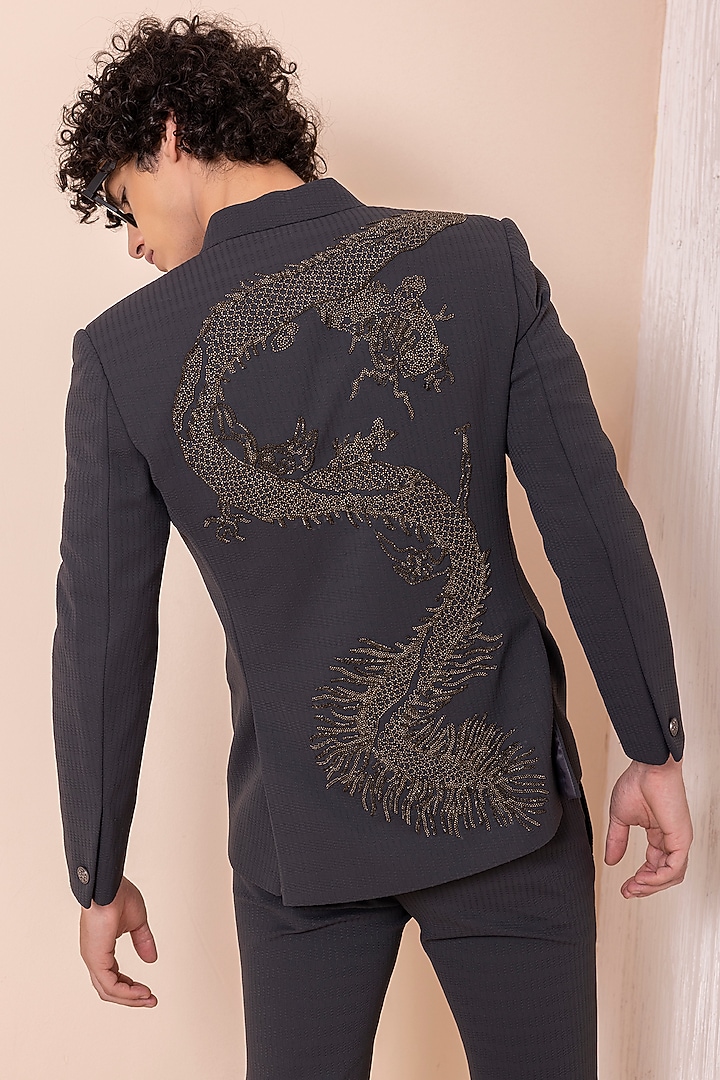 Grey Dobby Knit Hand Embroidered Jacket Set by AMIT ARORA at Pernia's Pop Up Shop