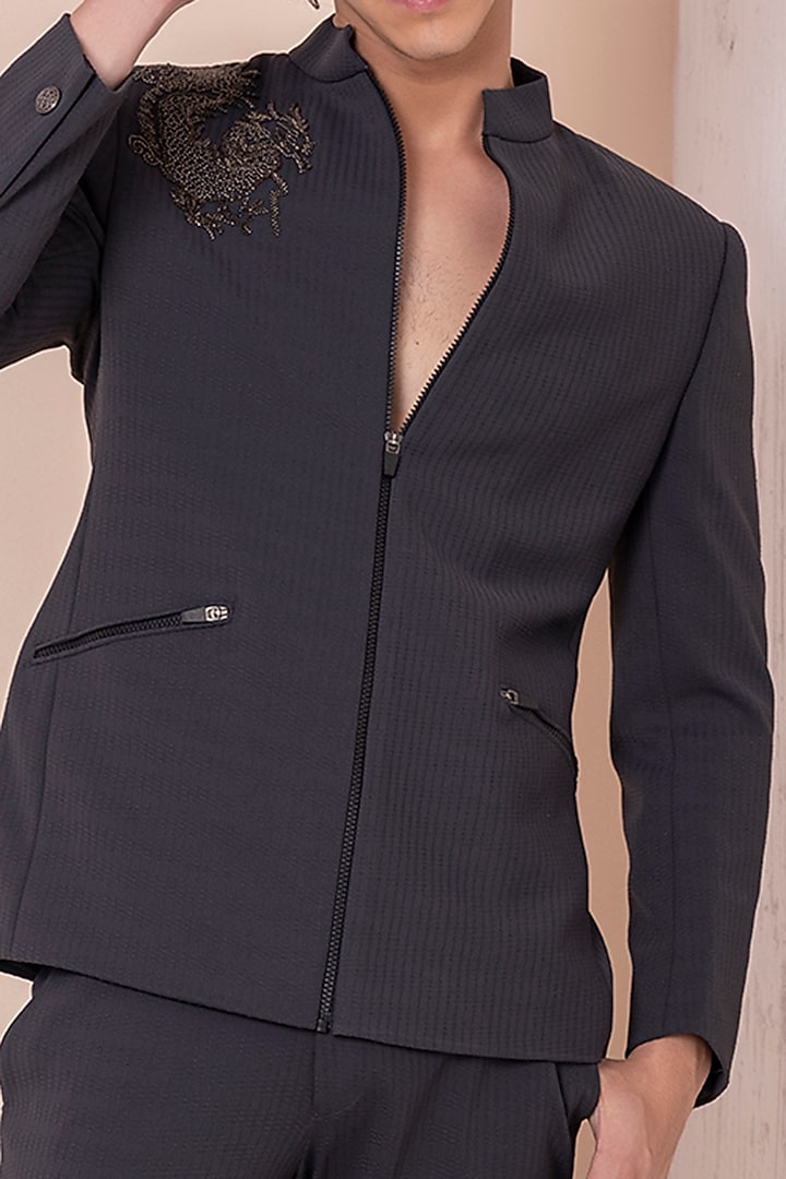 Grey Dobby Knit Hand Embroidered Jacket Set by AMIT ARORA at Pernia's Pop Up Shop