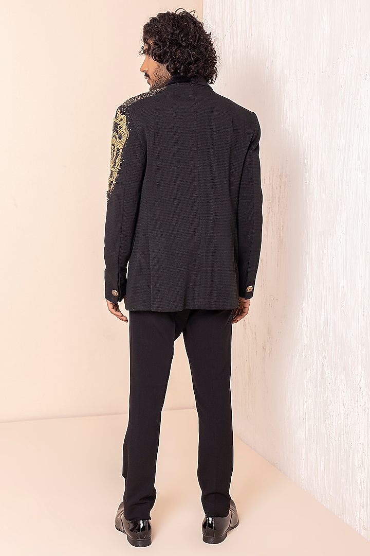 Black Dobby Knit Hand Embroidered Wedding Indowestern Set by AMIT ARORA at Pernia's Pop Up Shop