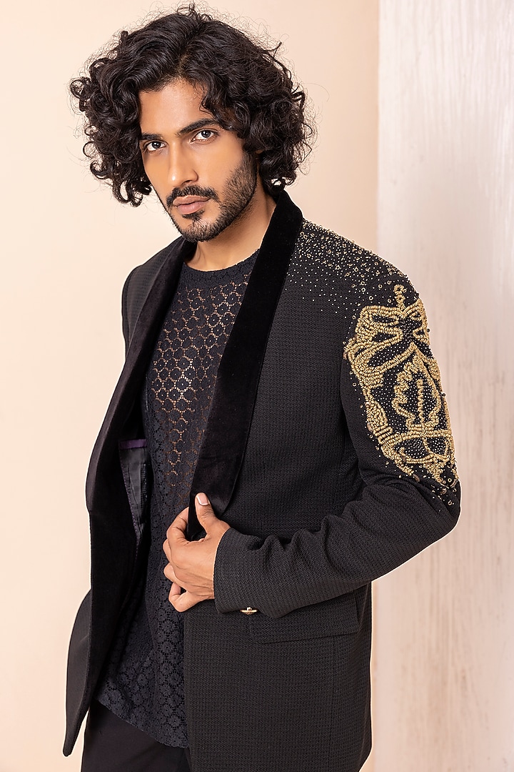 Black Dobby Knit Hand Embroidered Wedding Indowestern Set by AMIT ARORA at Pernia's Pop Up Shop