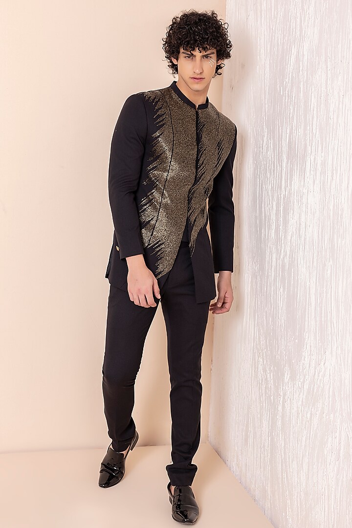 Black Twill Knit Hand Embroidered Jodhpuri Set by AMIT ARORA at Pernia's Pop Up Shop