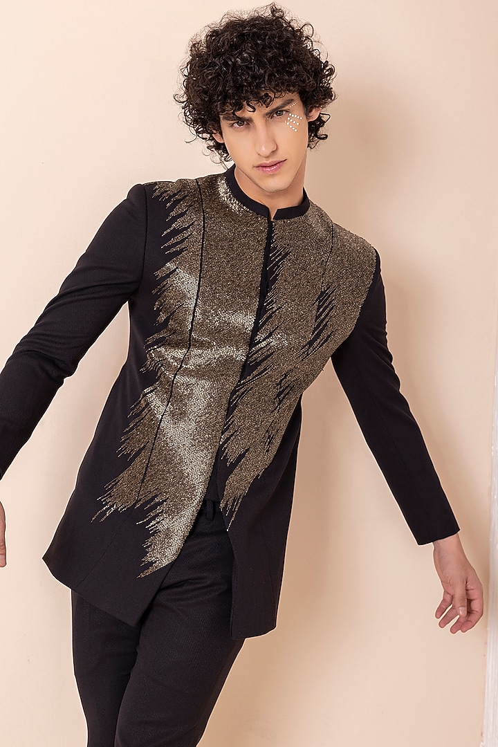 Black Twill Knit Hand Embroidered Jodhpuri Set by AMIT ARORA at Pernia's Pop Up Shop