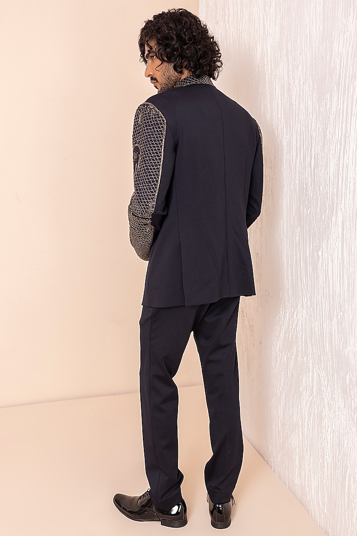 Navy Blue Lycra Knit Hand Embroidered Groom Indowestern Set by AMIT ARORA at Pernia's Pop Up Shop