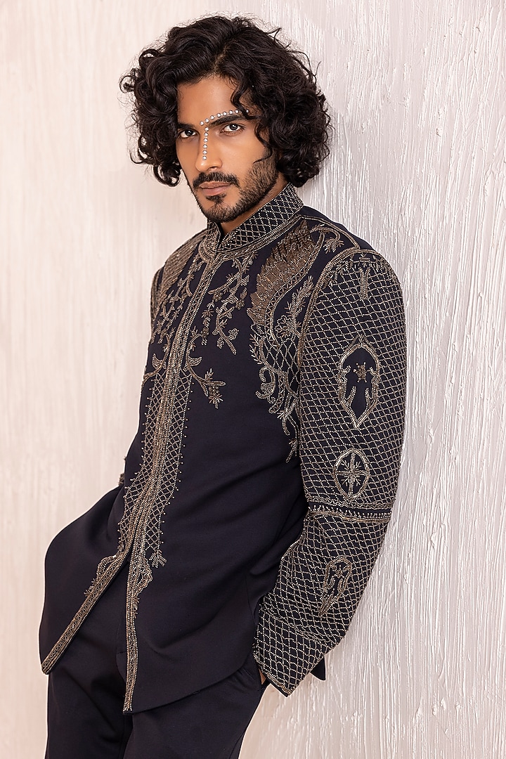 Navy Blue Lycra Knit Hand Embroidered Groom Indowestern Set by AMIT ARORA at Pernia's Pop Up Shop