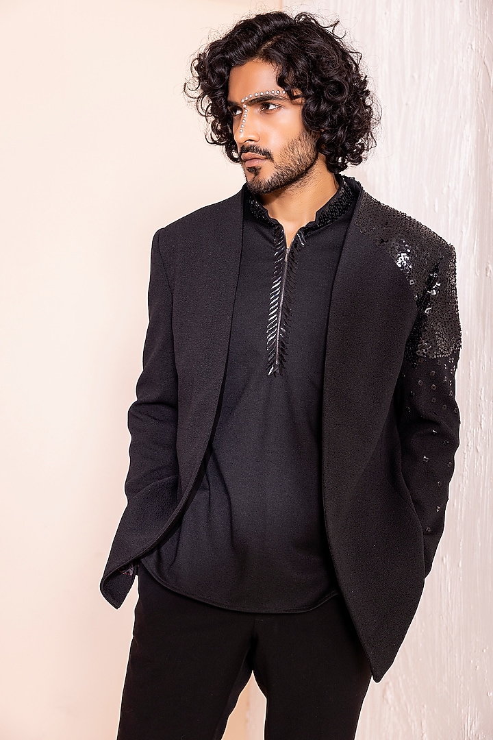 Black Crepe Knit Hand Embroidered Wedding Indowestern Set by AMIT ARORA at Pernia's Pop Up Shop