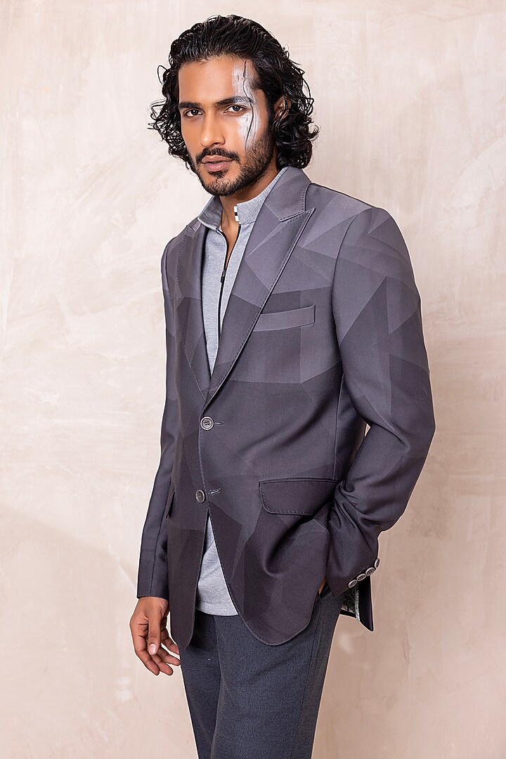 Grey Banana Crepe Printed Blazer by AMIT ARORA at Pernia's Pop Up Shop