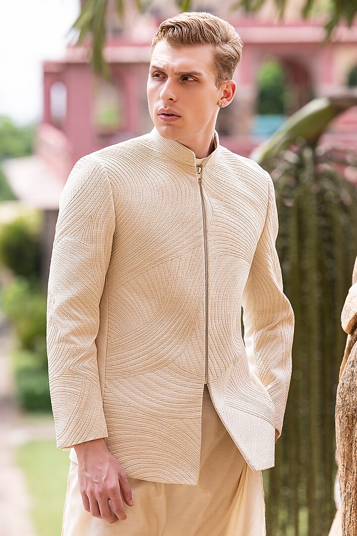 Beige Knit Wedding Bandhgala Set by AMIT ARORA at Pernia's Pop Up Shop