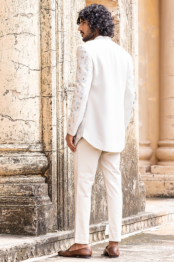 Cream Knit Hand Embroidered Groom Indowestern Set by AMIT ARORA at Pernia's Pop Up Shop