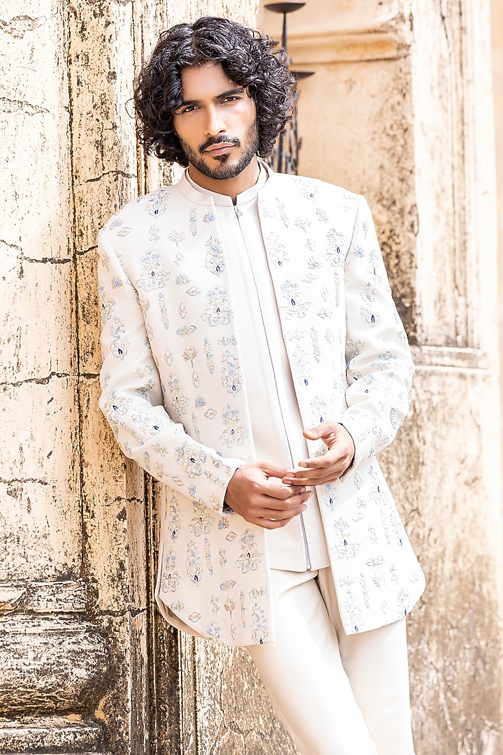 Cream Knit Hand Embroidered Groom Indowestern Set by AMIT ARORA at Pernia's Pop Up Shop
