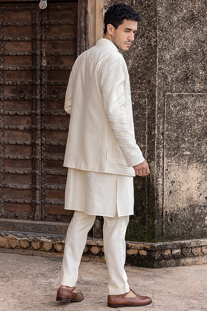 Ivory Silk Jacquard Hand Embroidered Wedding Indowestern Set by AMIT ARORA at Pernia's Pop Up Shop