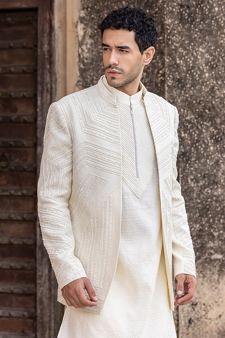 Ivory Silk Jacquard Hand Embroidered Wedding Indowestern Set by AMIT ARORA at Pernia's Pop Up Shop