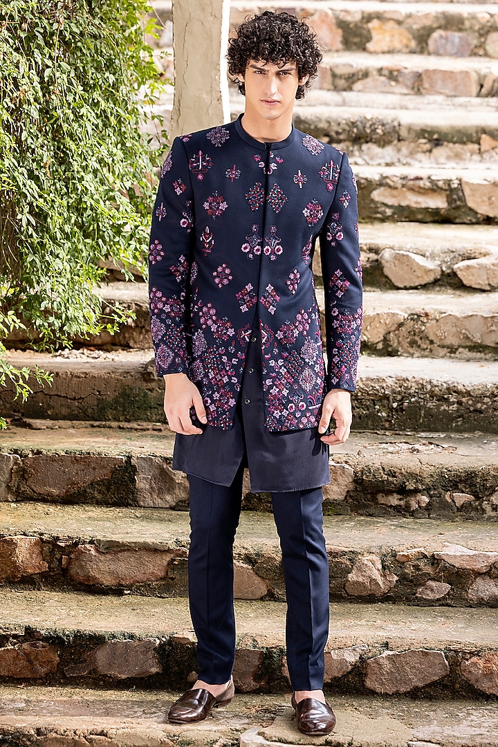 Navy Blue Knit Hand Embroidered Indowestern Set by AMIT ARORA