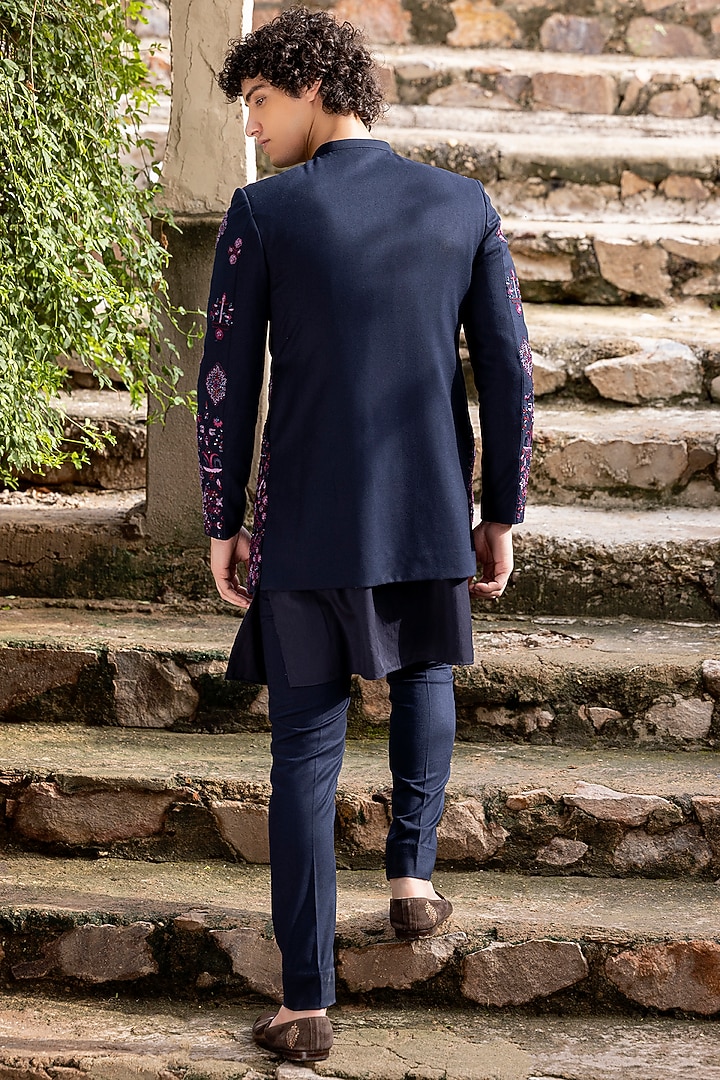 Navy Blue Knit Hand Embroidered Groom Indowestern Set by AMIT ARORA at Pernia's Pop Up Shop