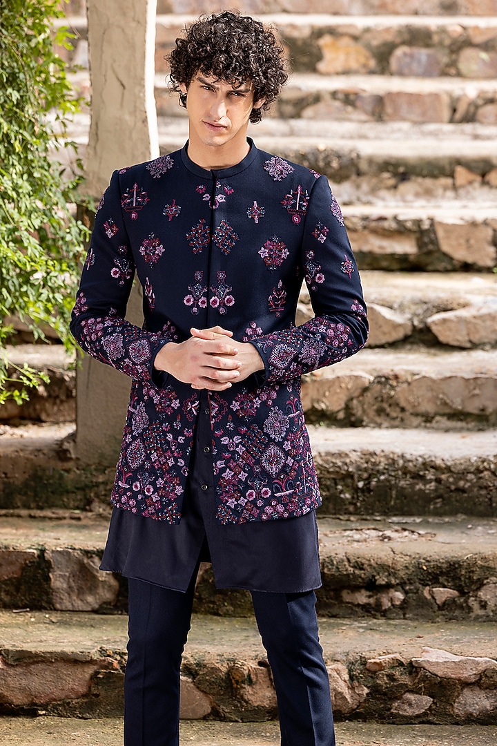 Navy Blue Knit Hand Embroidered Groom Indowestern Set by AMIT ARORA at Pernia's Pop Up Shop