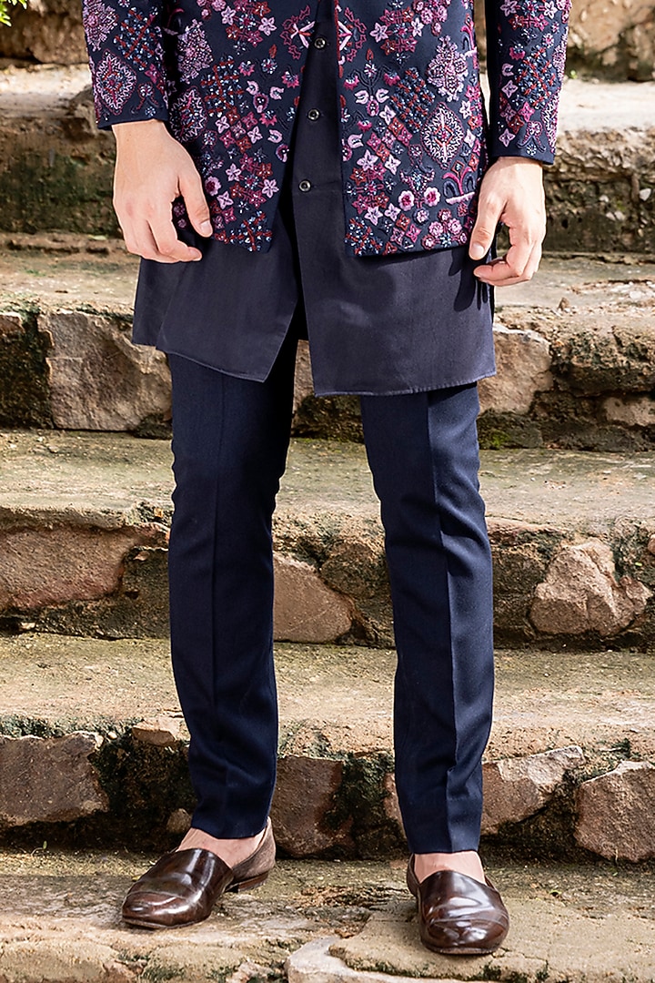 Navy Blue Knit Hand Embroidered Groom Indowestern Set by AMIT ARORA at Pernia's Pop Up Shop
