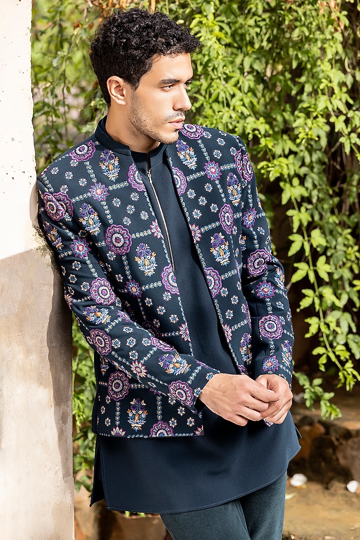 Bottle Green Knit Hand Embroidered Groom Indowestern Set by AMIT ARORA at Pernia's Pop Up Shop