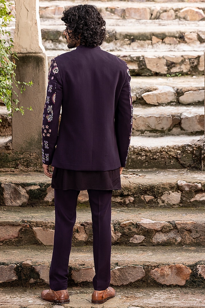 Wine Knit Hand Embroidered Groom Indowestern Set by AMIT ARORA at Pernia's Pop Up Shop