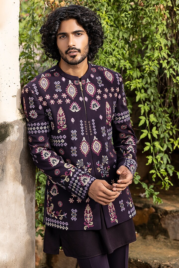 Wine Knit Hand Embroidered Groom Indowestern Set by AMIT ARORA at Pernia's Pop Up Shop